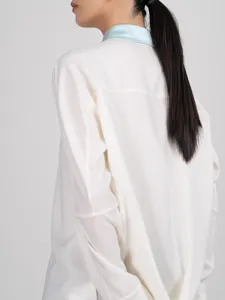 Elegant white blouse with contrast light blue collar, premium silk acetate feel women shirt.