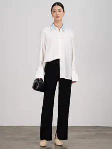Women elegant white long sleeve blouse with contrast light blue collar minimalist fashion shirt