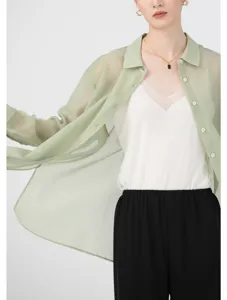 Sheer lightweight green organza button up shirt for women loose summer sun protection cardigan