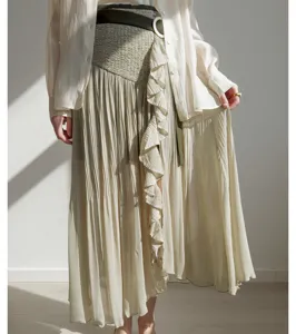Japanese style high waist pleated split skirt culottes with wide belt for women spring