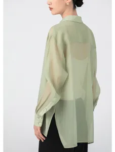 Light green sheer acetate organza blouse for women, loose casual button-down sun protection shirt.