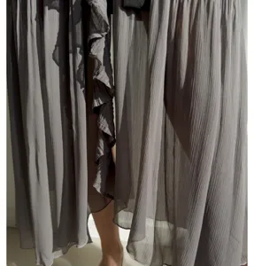 Grey high waist pleated split ruffle skirt culottes, elegant mid-length Japanese fashion.