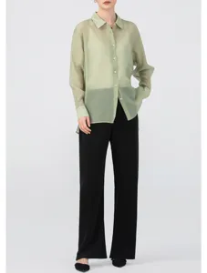 Sheer light green organza button-down shirt for women, elegant sheer blouse for summer.