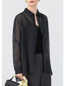 Sheer acetate organza shirt detail view, lightweight summer sun protection cardigan for women.