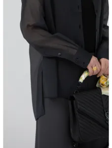 Black sheer organza blouse, lightweight long sleeve button-up shirt for women summer