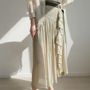 Women Casual High Waisted Pleated Lettuce Edge Slit Long Skirt Commuting Elegant A-Line Polyester Skirt Pants