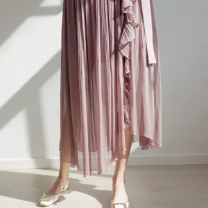 High waist pleated midi skirt for women featuring elegant ruffle split design in mauve pink.
