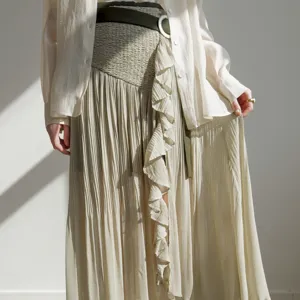 Japanese style high waist pleated maxi skirt with belt ruffle split for women spring