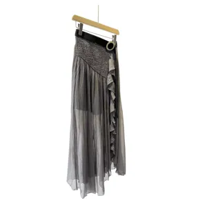 Japanese style high waist pleated split skirt pants women elegant grey midi skirt spring wear