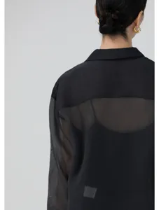 Black sheer acetate organza shirt back view, elegant lightweight summer sun protection blouse.
