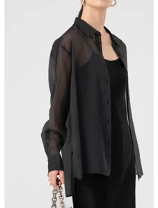 Black sheer organza long sleeve shirt detail, lightweight loose cardigan, summer wear.