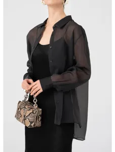 Sheer translucent black acetate organza shirt, stylish loose sun protection cardigan for women.