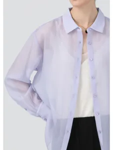 Sheer lavender organza button-down shirt for women, lightweight spring summer cardigan top.