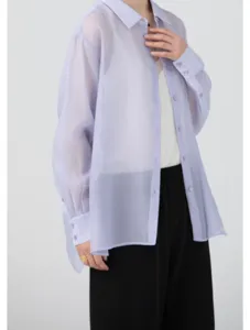 Sheer purple organza button-up shirt for women, lightweight long sleeve casual top for summer.