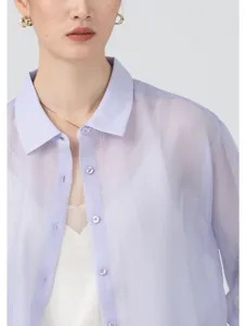 Lavender sheer organza button-down shirt for women, lightweight summer sun protection top.
