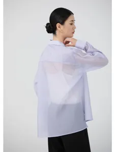 Sheer organza long sleeve blouse for women, lightweight casual button down sun shirt back view.