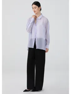 Sheer lightweight organza button-down shirt for women, loose sun protection summer top.