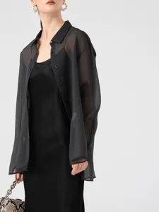 Women's Casual Acetate Organza Sun Protection Shirt Long Sleeve Solid Color Single Breasted Loose Cardigan Blouse Top