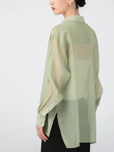 Lightweight sheer acetate organza button-up shirt for women, loose casual sunscreen long sleeve blouse.