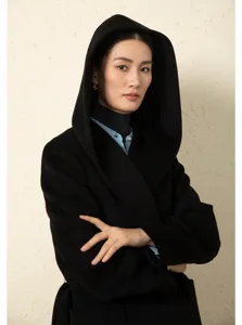 Black hooded wool coat for women with classic design, elegant warm winter fashion outerwear.