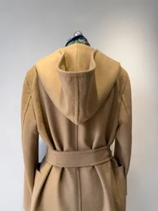 Women's Hooded Belted Camel Hair Blend Trench Coat Long Sleeve Solid Color Casual Overcoat Winter Outerwear
