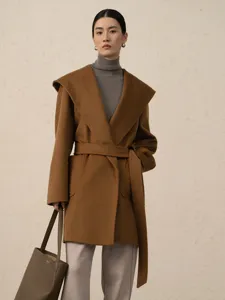 Elegant camel hooded wool wrap coat for women with matching belt and long sleeves.