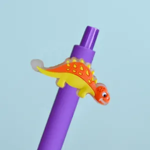 Cute dinosaur gel pen with cartoon silicone charm purple body smooth writing student stationery