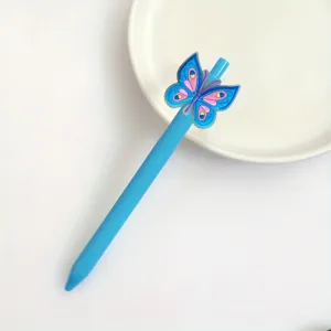 Cute butterfly gel pen detail shot, blue signature pen office stationery close up.