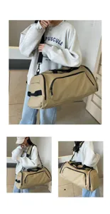 Large capacity sports duffel bag in khaki, featuring durable fabric and convenient side pockets for travel.