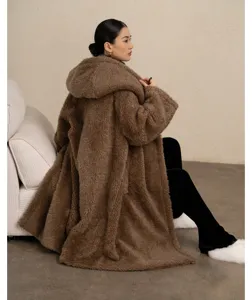Stylish brown long hooded wool teddy coat for women, cozy loose fit winter warm outerwear.