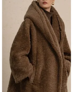 Brown hooded teddy plush coat oversized warm winter outerwear coat detailed shot