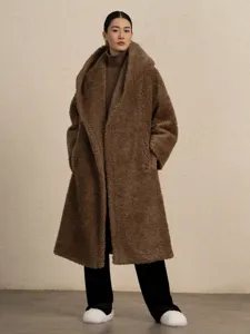 Oversized brown teddy bear fleece hooded long coat for women, warm winter fashion outerwear.