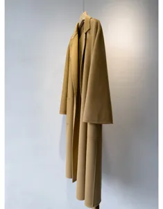 Elegant women's long camel wool blend wrap coat with lapel and belt for autumn winter.