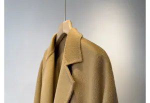 Luxurious cashmere blend long bathrobe coat featuring elegant water ripple texture and classic lapel.