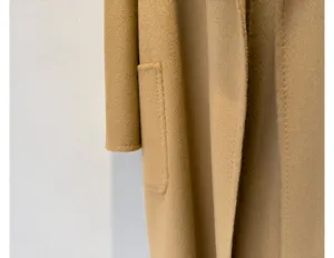 Camel cashmere wool blend coat detail, warm autumn winter long outerwear fabric view