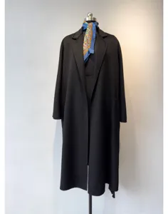 Premium black cashmere blend long robe coat, elegant lapel design for women winter style.