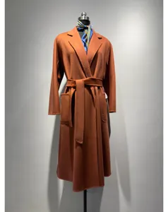 Luxury cashmere water ripple bathrobe coat with belt and lapels for women winter outerwear.