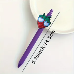 Cute purple gel pen with strawberry cartoon topper, detail view showing 14.5cm length.