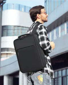 Detailed outdoor view of the business laptop backpack, showing large capacity and smooth zippers.