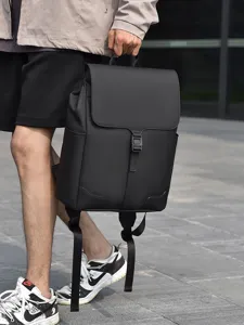 Men casual backpack business laptop bag waterproof solid black minimalist design main view
