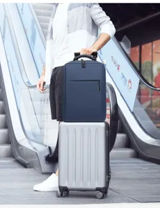 Detailed view of the multi-functional business backpack shown in a modern commuting scene.