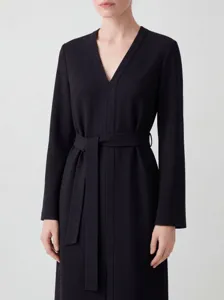 Vestido Midi Vintage de Manga Larga con Cuello en V de Fibra de Triacetato para Mujer Casual OL Commute Color Sólido Cinturón Recto