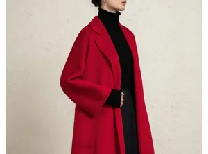 Red double-faced cashmere coat detail, elegant lapel design, soft and warm winter outerwear.