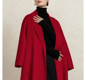 Women red cashmere blend bathrobe long coat elegant winter warm wool outerwear detail view