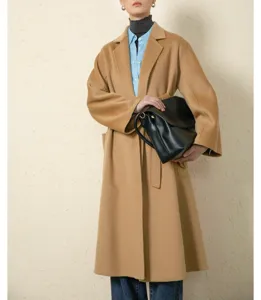 Elegant camel cashmere bathrobe coat detail view, showcasing premium double-faced winter wool.
