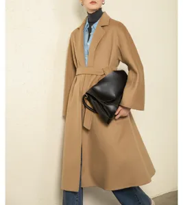 Women's elegant camel double-faced cashmere bathrobe coat with belt, long winter outerwear.