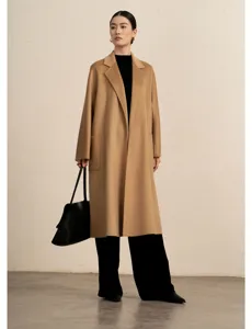Elegant women's long camel cashmere wrap coat, classic lapel winter outerwear style.