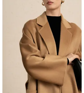 Luxury cashmere wrap coat for women, camel long woolen coat with classic lapel and belt.