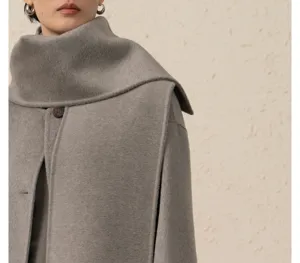 Manteau en laine et cachemire gris avec col écharpe élégant vêtement femme hiver chaud