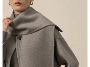 Manteau femme hiver cachemire laine melangee avec echarpe integree elegante veste grise